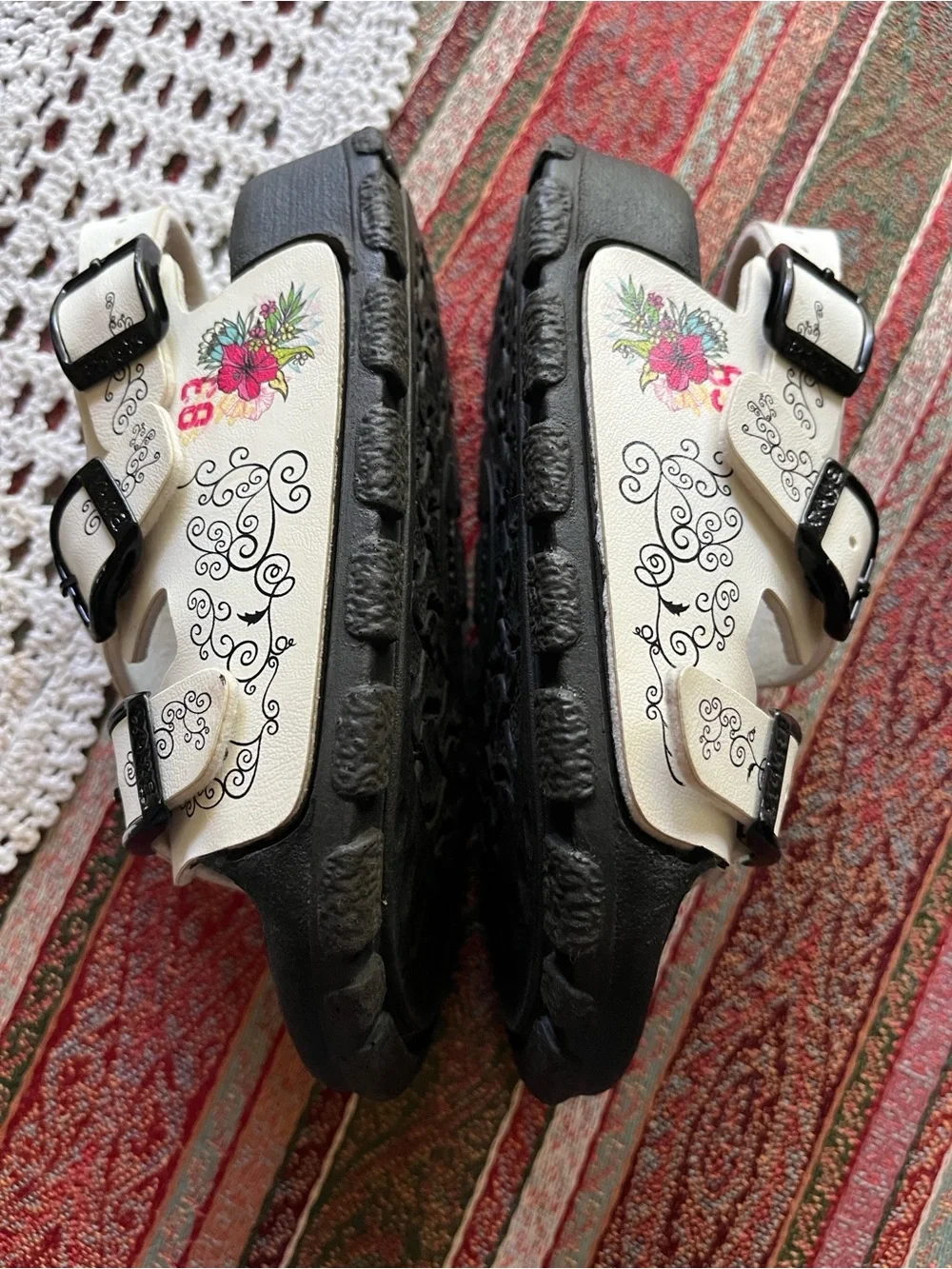 Birkenstock Kids White Floral Buckle Sandals with Black Footbed